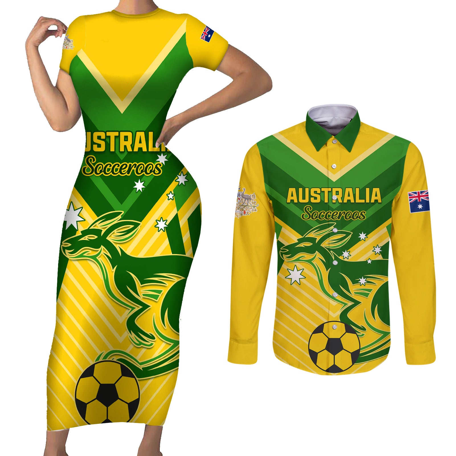 Australia Soccer Couples Matching Short Sleeve Bodycon Dress and Long Sleeve Button Shirt Go Socceroos - Wonder Print Shop