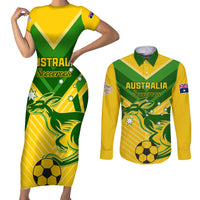 Australia Soccer Couples Matching Short Sleeve Bodycon Dress and Long Sleeve Button Shirt Go Socceroos - Wonder Print Shop