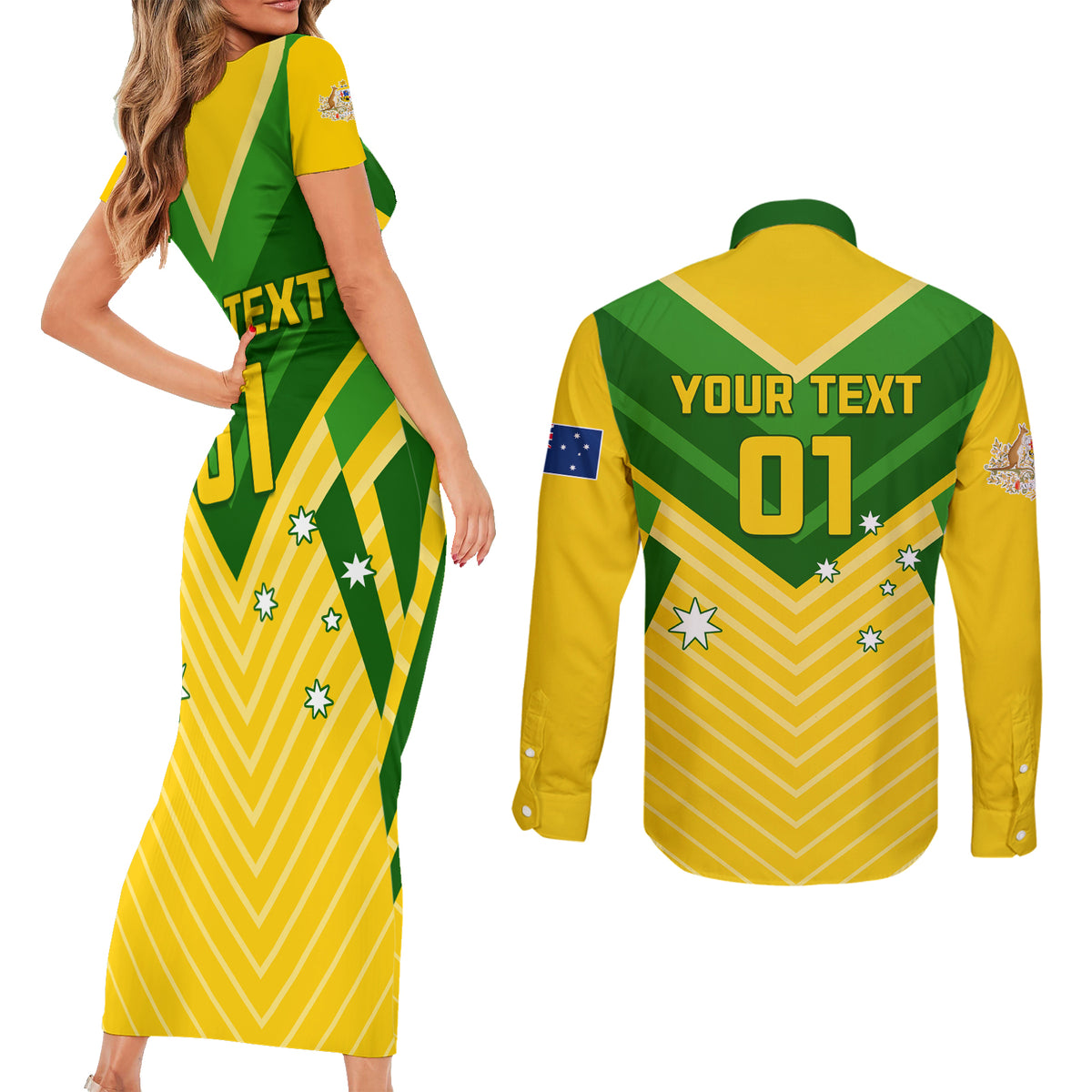 Australia Soccer Couples Matching Short Sleeve Bodycon Dress and Long Sleeve Button Shirt Go Socceroos - Wonder Print Shop