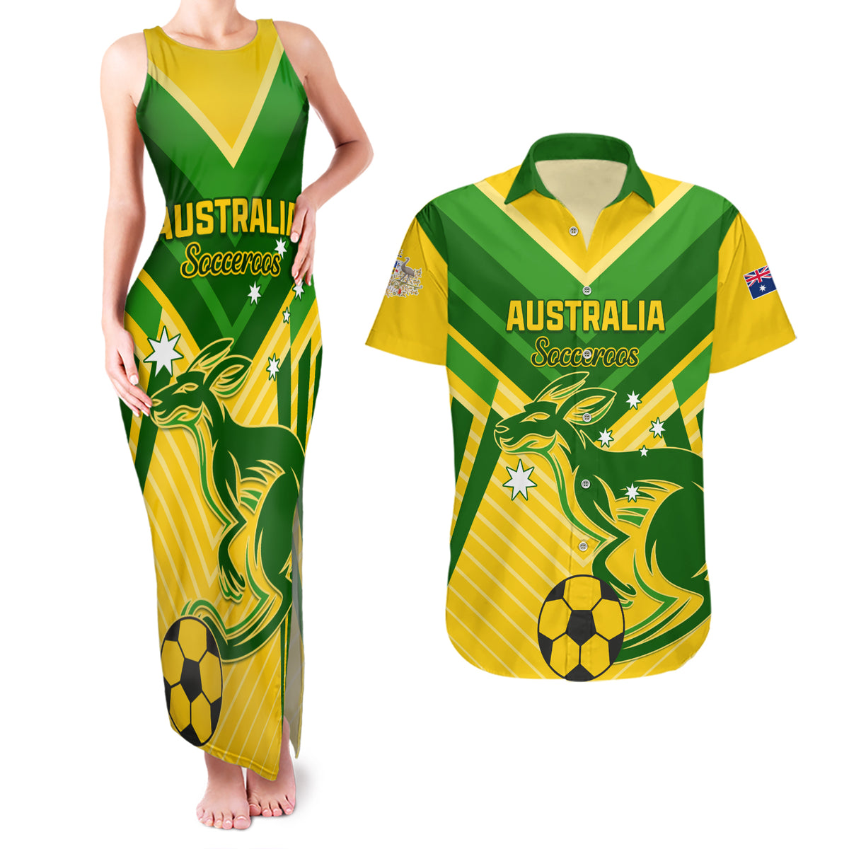 Australia Soccer Couples Matching Tank Maxi Dress and Hawaiian Shirt Go Socceroos - Wonder Print Shop