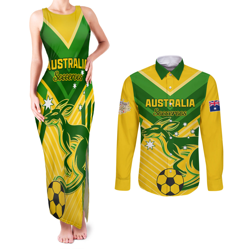 Australia Soccer Couples Matching Tank Maxi Dress and Long Sleeve Button Shirt Go Socceroos - Wonder Print Shop