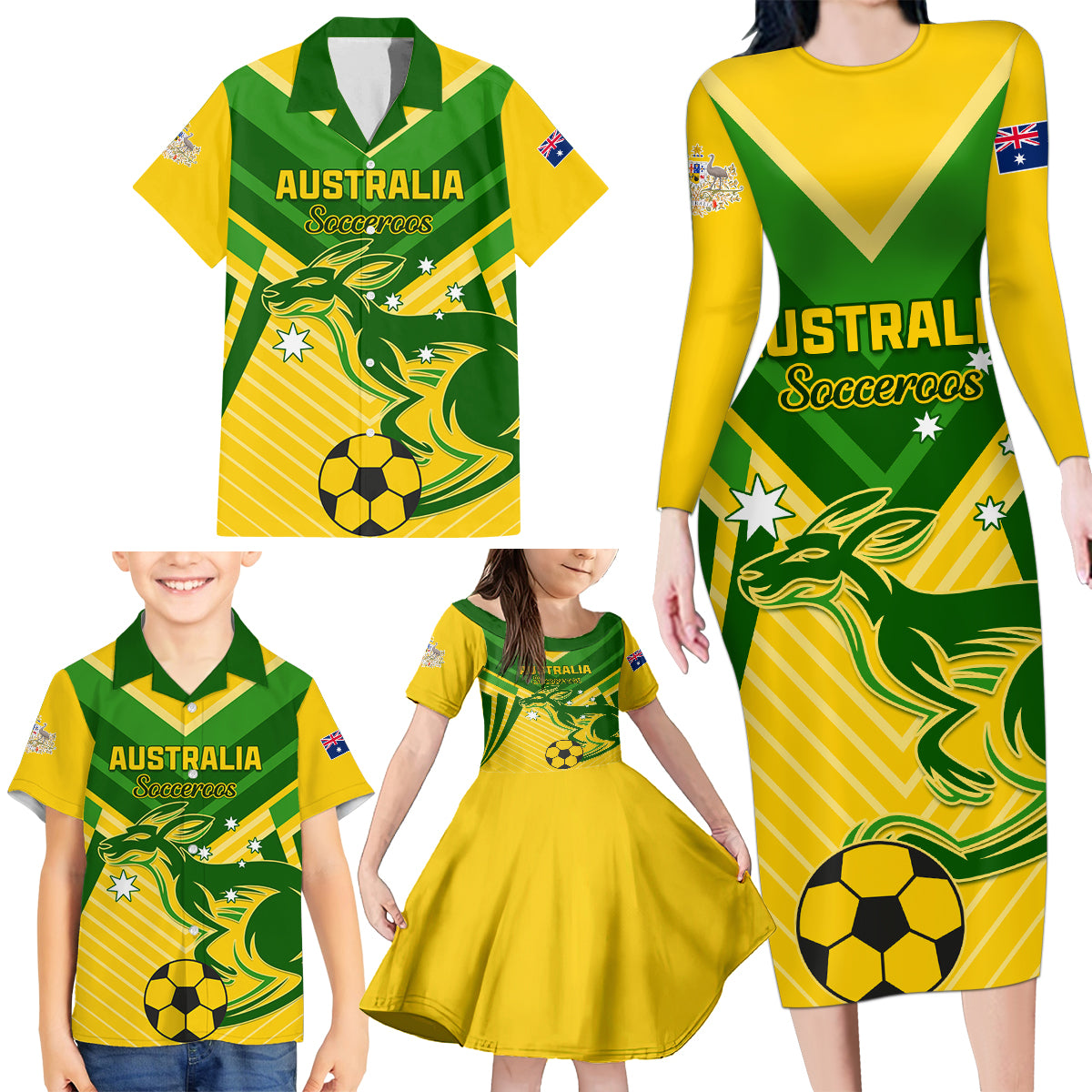 Australia Soccer Family Matching Long Sleeve Bodycon Dress and Hawaiian Shirt Go Socceroos - Wonder Print Shop