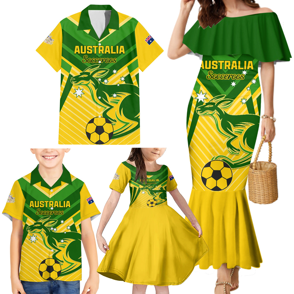 Australia Soccer Family Matching Mermaid Dress and Hawaiian Shirt Go Socceroos - Wonder Print Shop