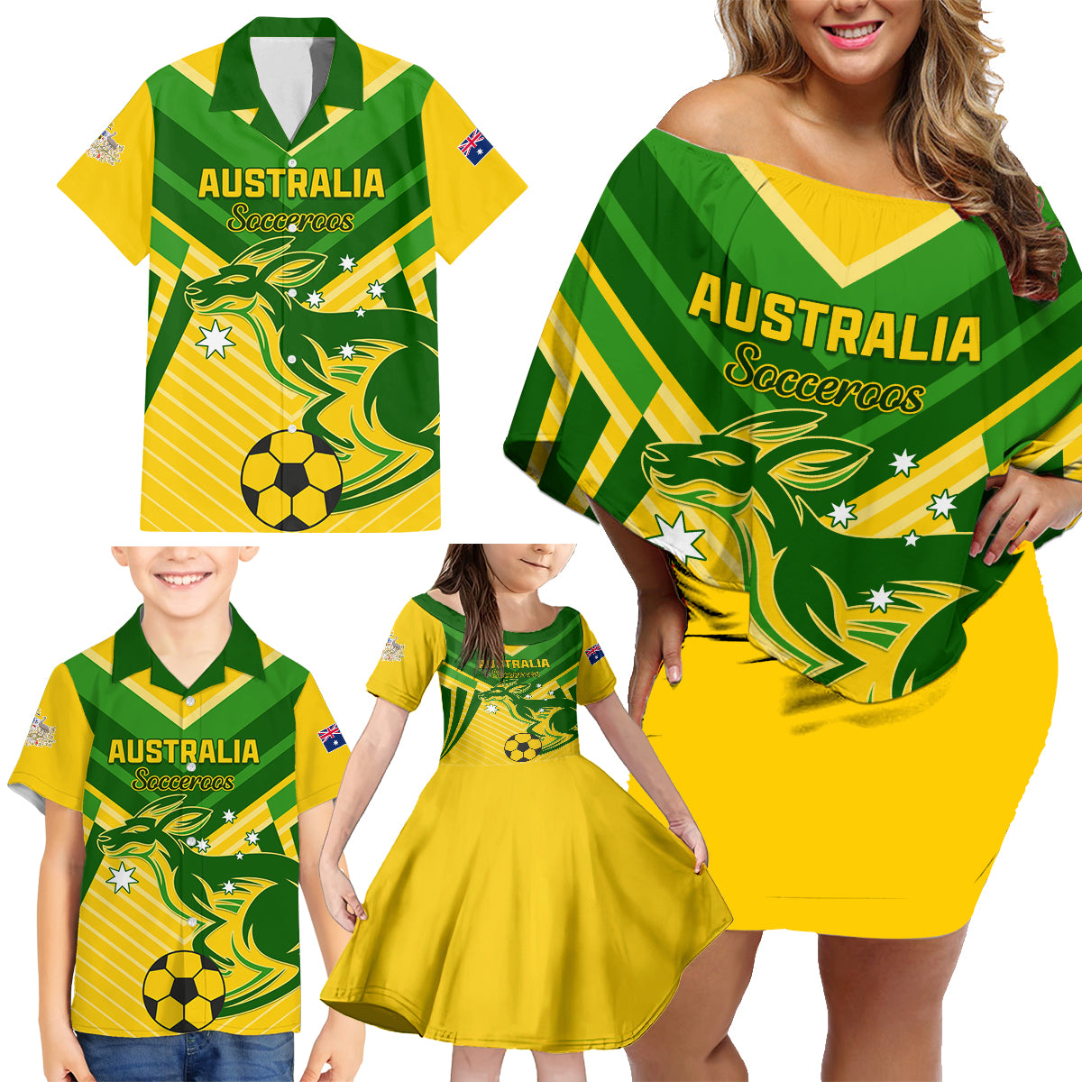Australia Soccer Family Matching Off Shoulder Short Dress and Hawaiian Shirt Go Socceroos - Wonder Print Shop