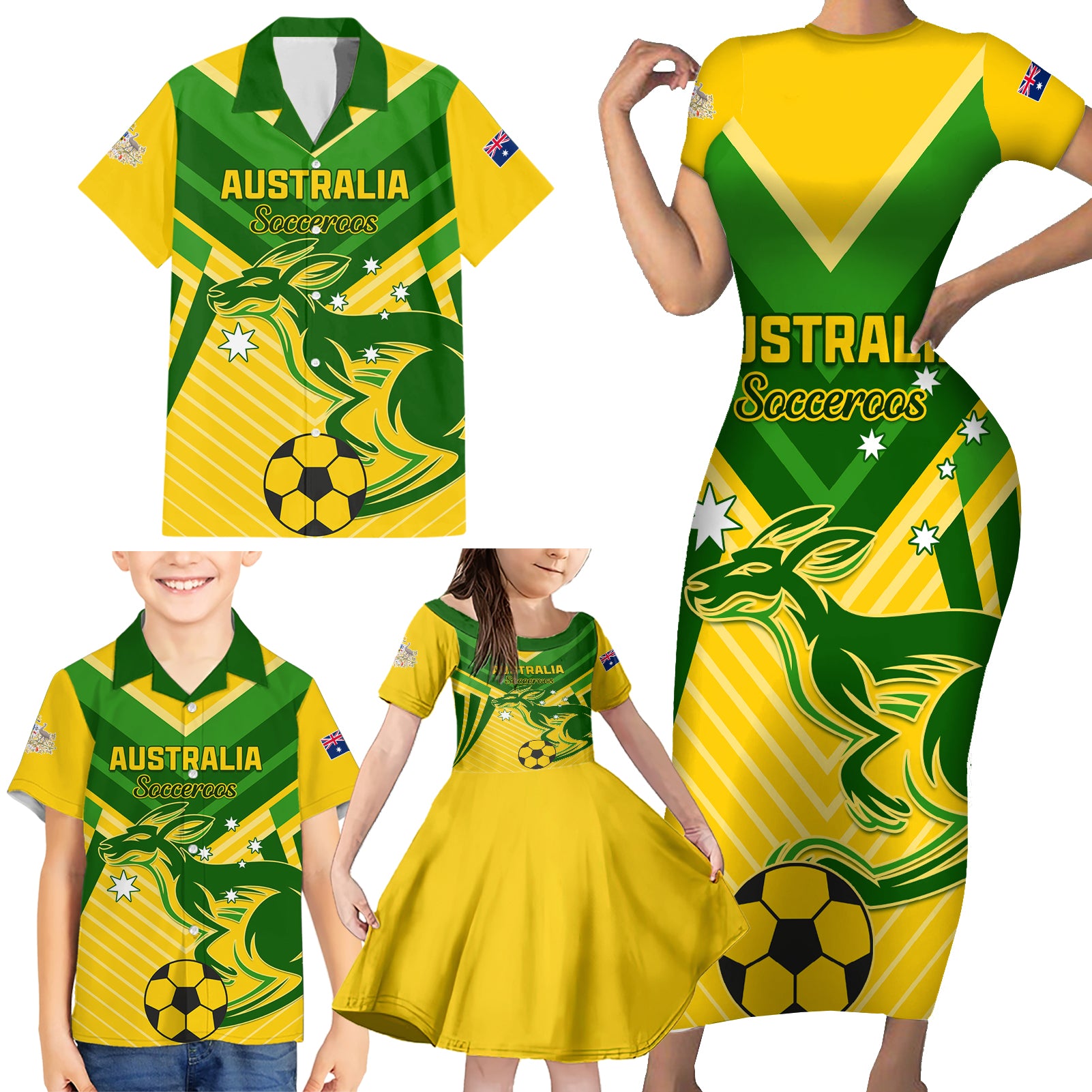 Australia Soccer Family Matching Short Sleeve Bodycon Dress and Hawaiian Shirt Go Socceroos - Wonder Print Shop