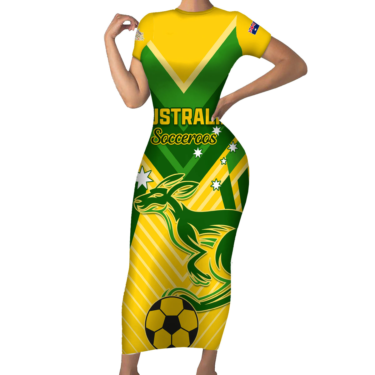 Australia Soccer Family Matching Short Sleeve Bodycon Dress and Hawaiian Shirt Go Socceroos - Wonder Print Shop