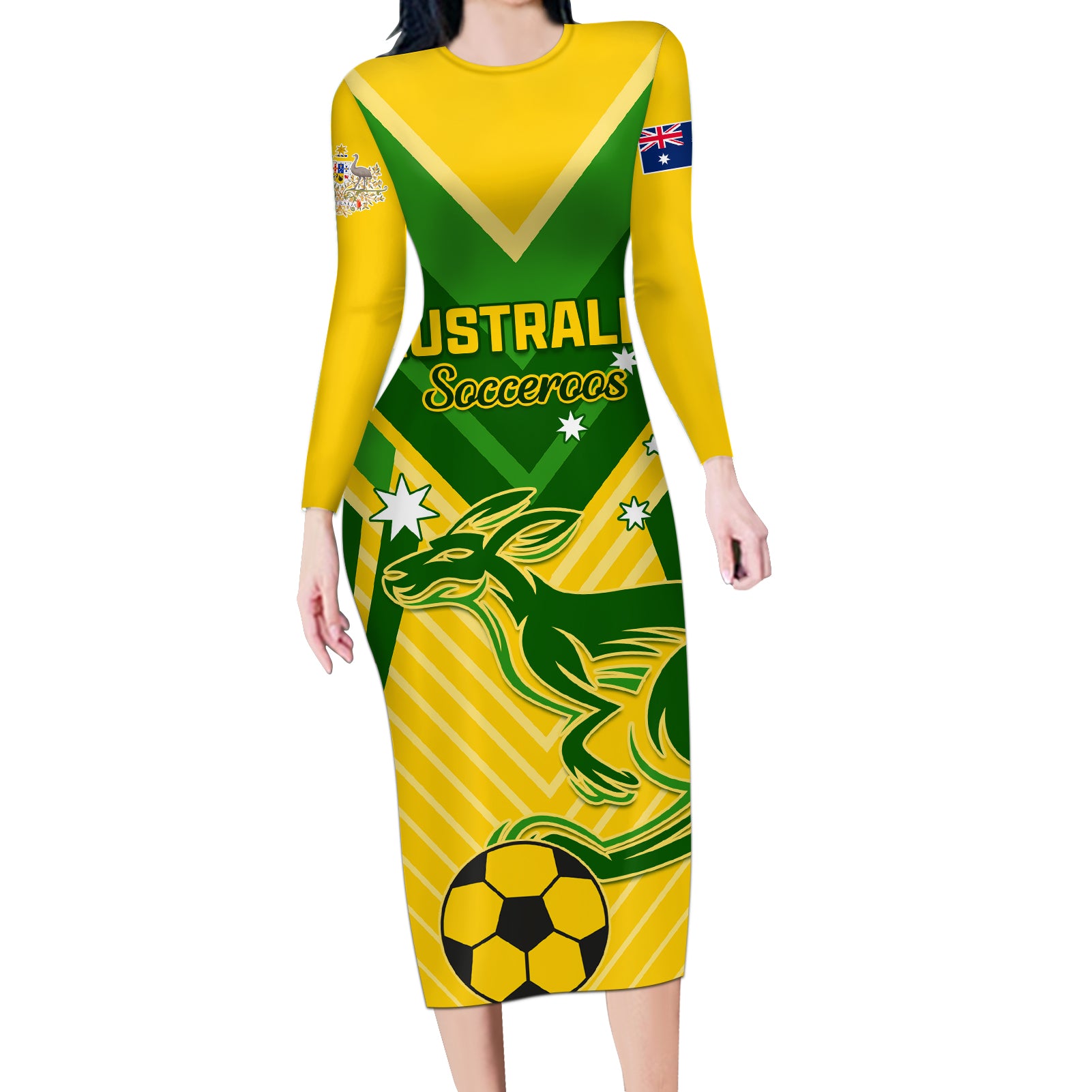 Australia Soccer Long Sleeve Bodycon Dress Go Socceroos - Wonder Print Shop