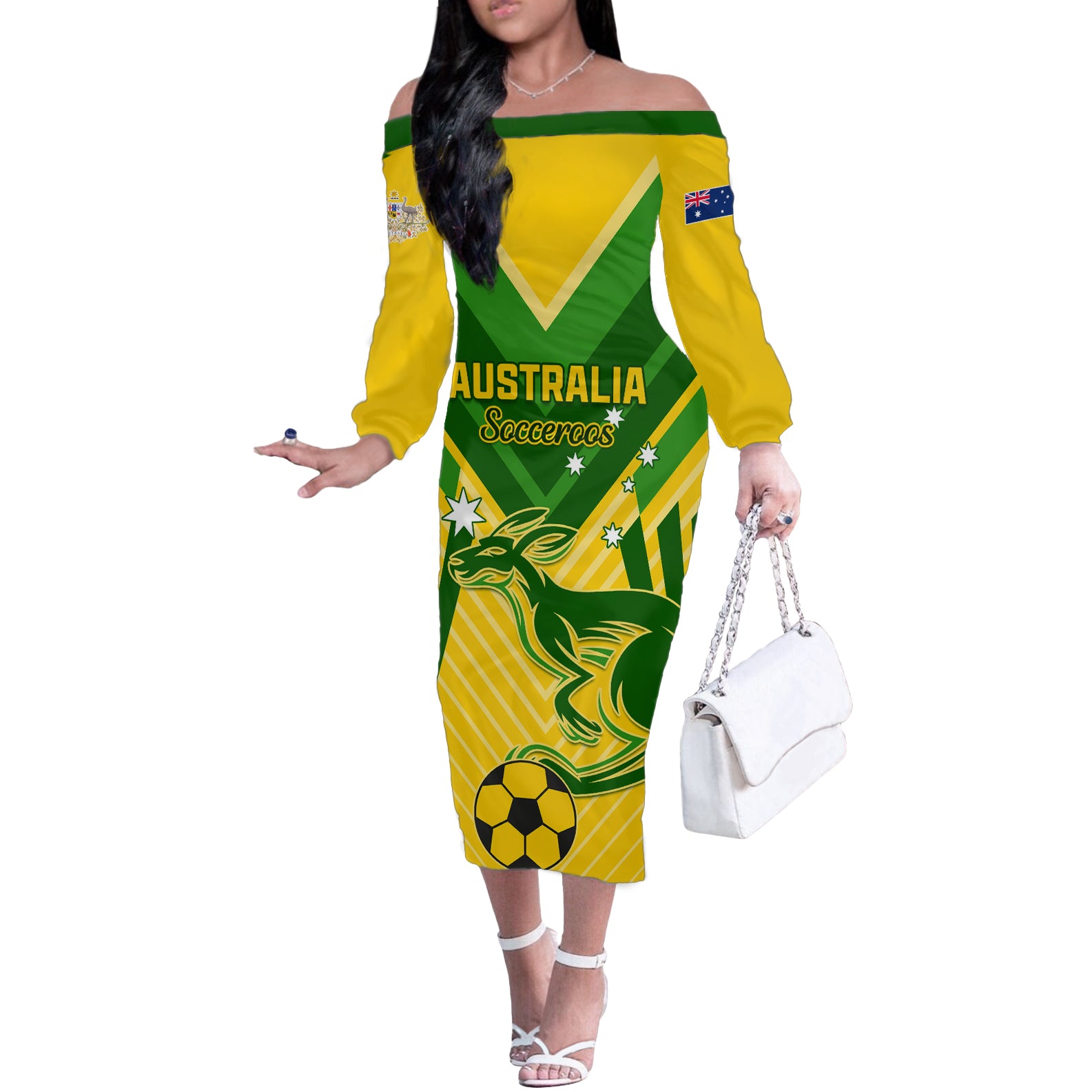 Australia Soccer Off The Shoulder Long Sleeve Dress Go Socceroos - Wonder Print Shop
