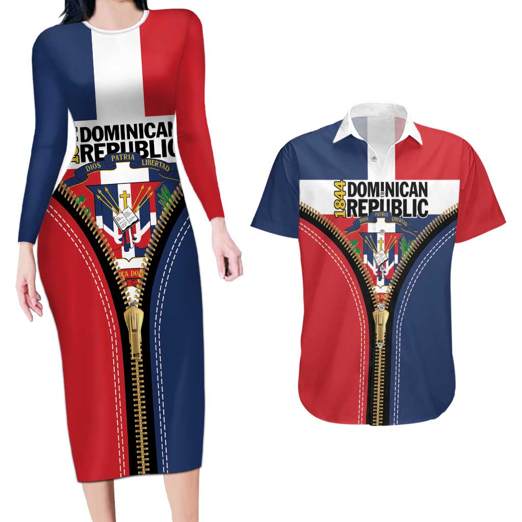 Personalized Dominican Republic 1844 Couples Matching Long Sleeve Bodycon Dress and Hawaiian Shirt Coat Of Arms Zipper Stylized