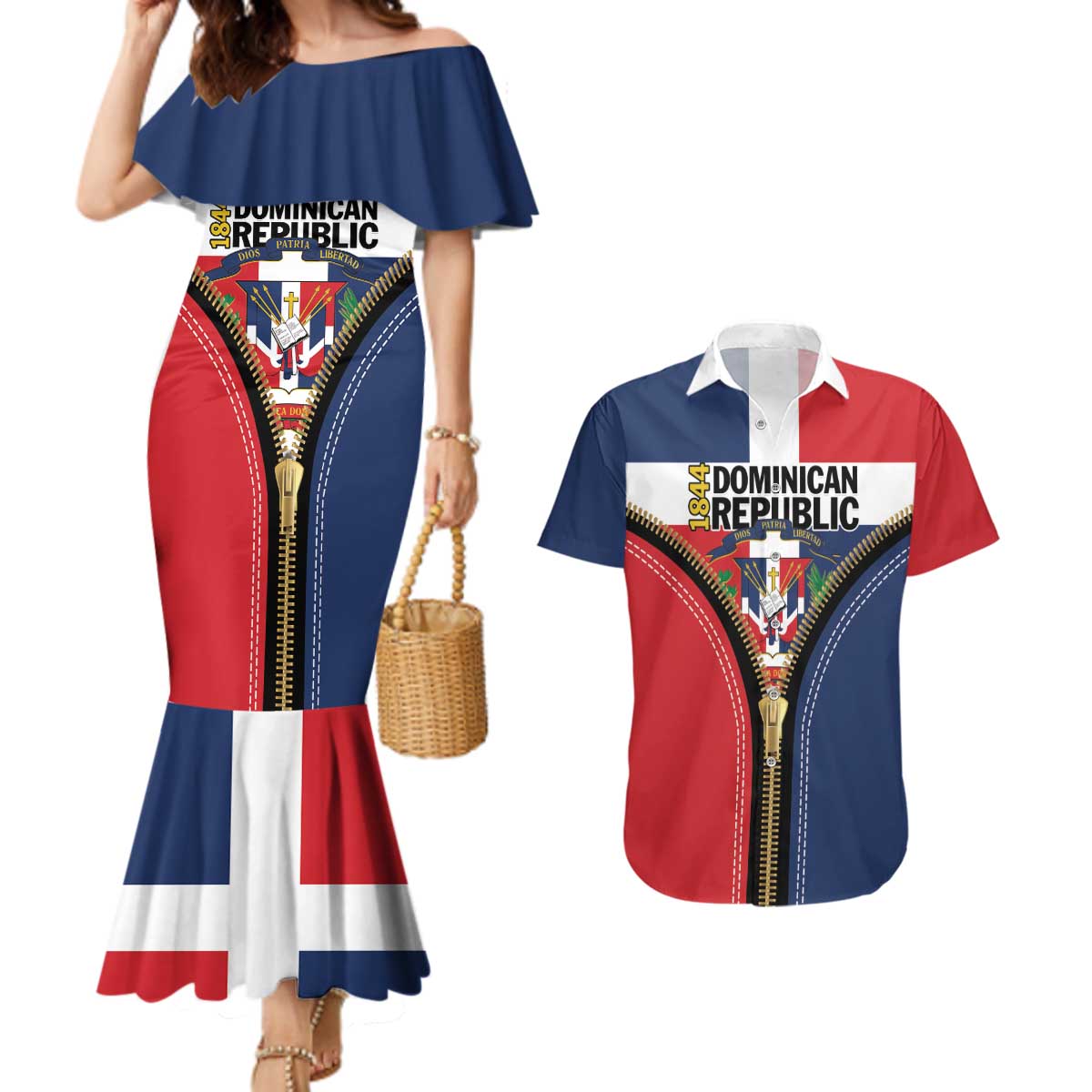 Personalized Dominican Republic 1844 Couples Matching Mermaid Dress and Hawaiian Shirt Coat Of Arms Zipper Stylized
