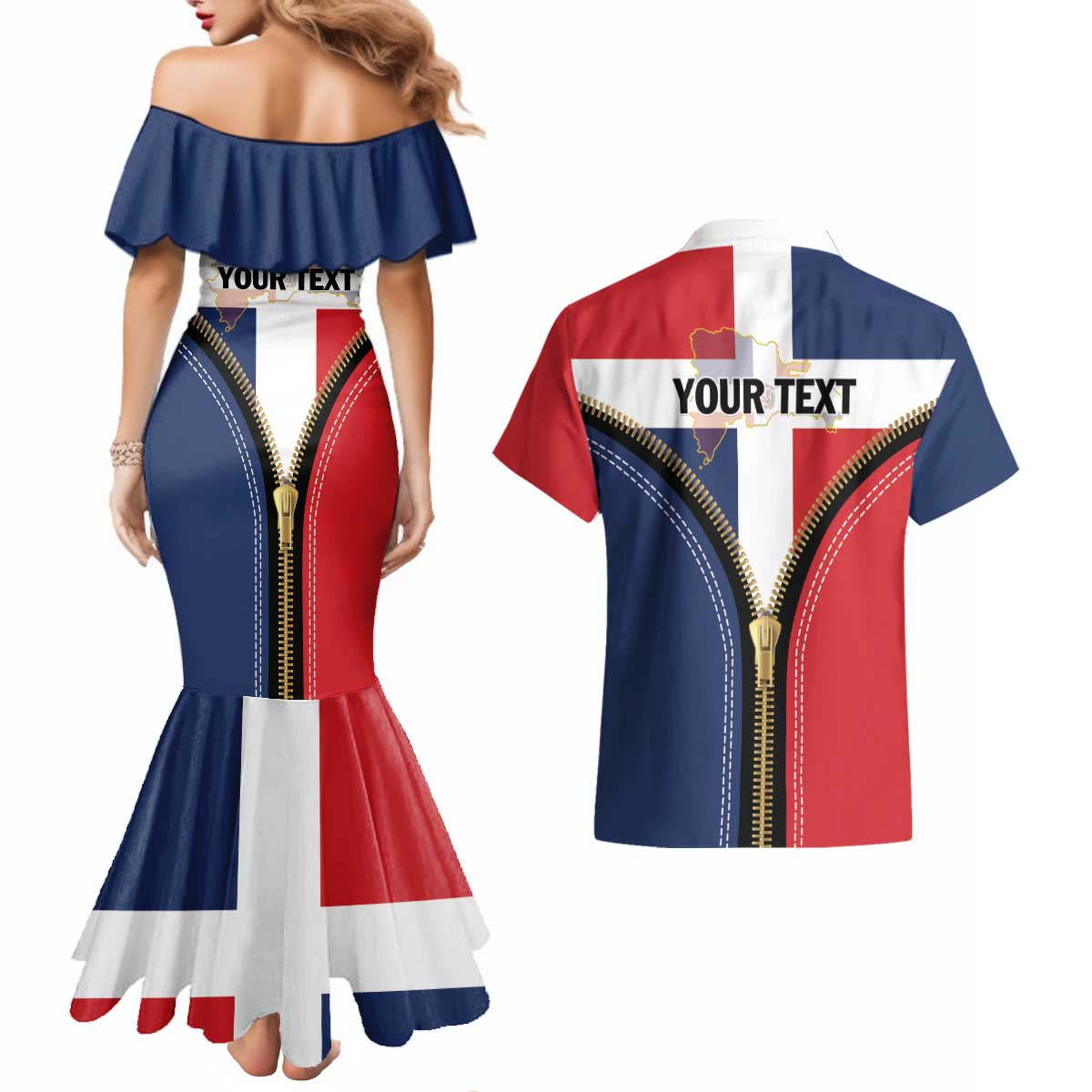 Personalized Dominican Republic 1844 Couples Matching Mermaid Dress and Hawaiian Shirt Coat Of Arms Zipper Stylized