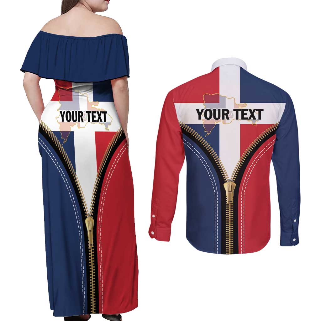 Personalized Dominican Republic 1844 Couples Matching Off Shoulder Maxi Dress and Long Sleeve Button Shirt Coat Of Arms Zipper Stylized