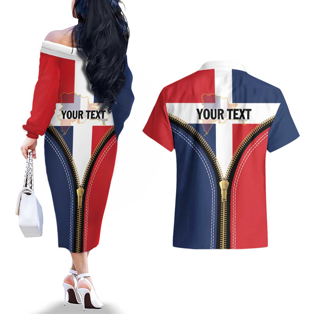Personalized Dominican Republic 1844 Couples Matching Off The Shoulder Long Sleeve Dress and Hawaiian Shirt Coat Of Arms Zipper Stylized
