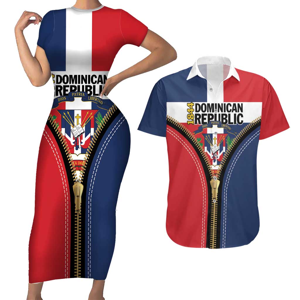 Personalized Dominican Republic 1844 Couples Matching Short Sleeve Bodycon Dress and Hawaiian Shirt Coat Of Arms Zipper Stylized