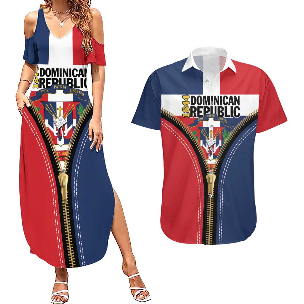 Personalized Dominican Republic 1844 Couples Matching Summer Maxi Dress and Hawaiian Shirt Coat Of Arms Zipper Stylized