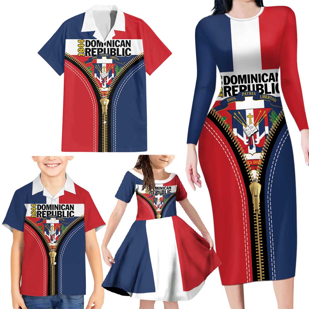 Personalized Dominican Republic 1844 Family Matching Long Sleeve Bodycon Dress and Hawaiian Shirt Coat Of Arms Zipper Stylized