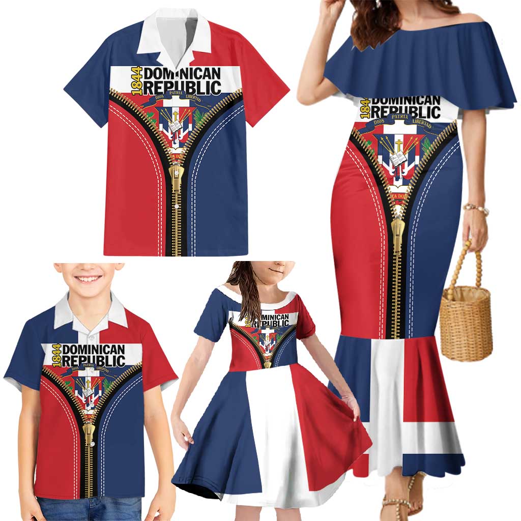Personalized Dominican Republic 1844 Family Matching Mermaid Dress and Hawaiian Shirt Coat Of Arms Zipper Stylized