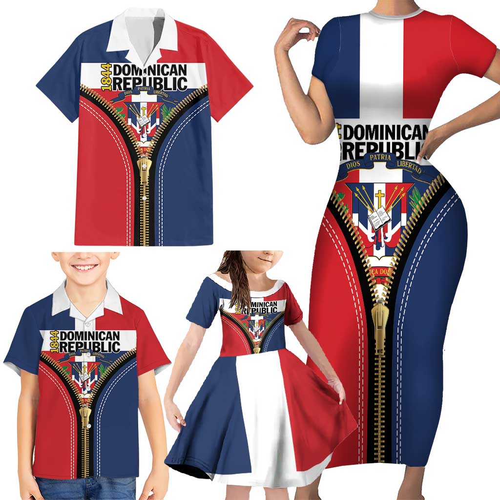 Personalized Dominican Republic 1844 Family Matching Short Sleeve Bodycon Dress and Hawaiian Shirt Coat Of Arms Zipper Stylized