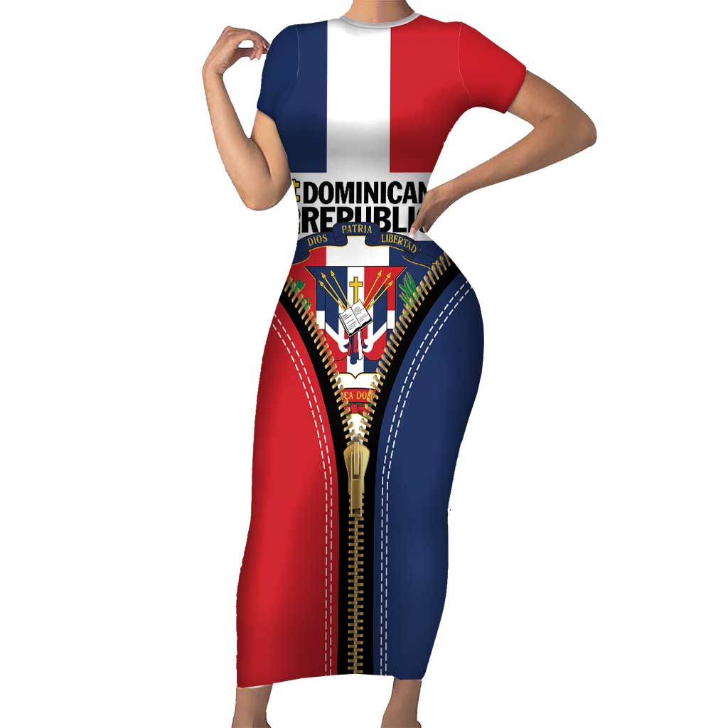 Personalized Dominican Republic 1844 Family Matching Short Sleeve Bodycon Dress and Hawaiian Shirt Coat Of Arms Zipper Stylized