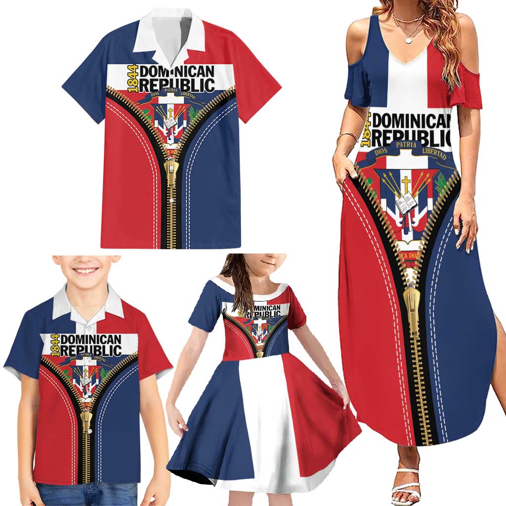 Personalized Dominican Republic 1844 Family Matching Summer Maxi Dress and Hawaiian Shirt Coat Of Arms Zipper Stylized