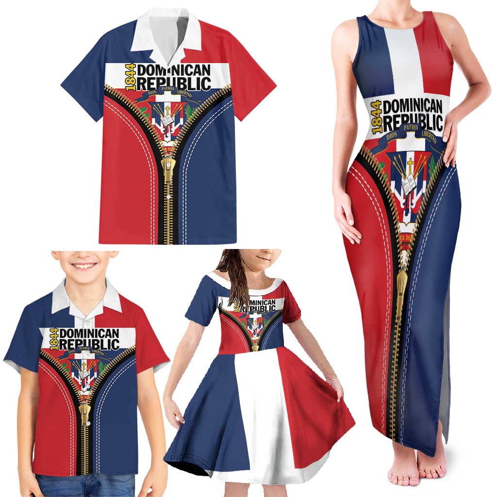Personalized Dominican Republic 1844 Family Matching Tank Maxi Dress and Hawaiian Shirt Coat Of Arms Zipper Stylized
