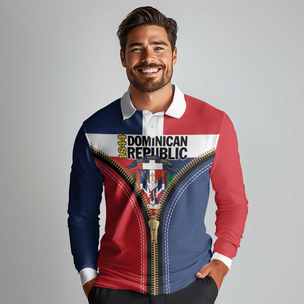 Personalized Dominican Republic 1844 Long Sleeve Polo Shirt Coat Of Arms Zipper Stylized