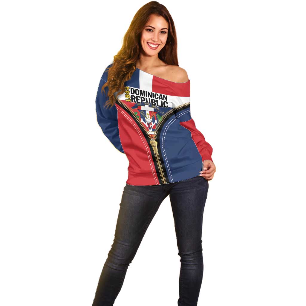 Personalized Dominican Republic 1844 Off Shoulder Sweater Coat Of Arms Zipper Stylized