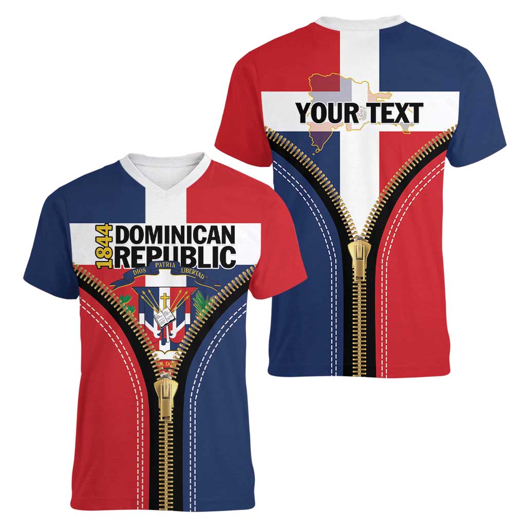 Personalized Dominican Republic 1844 Women V-Neck T-Shirt Coat Of Arms Zipper Stylized
