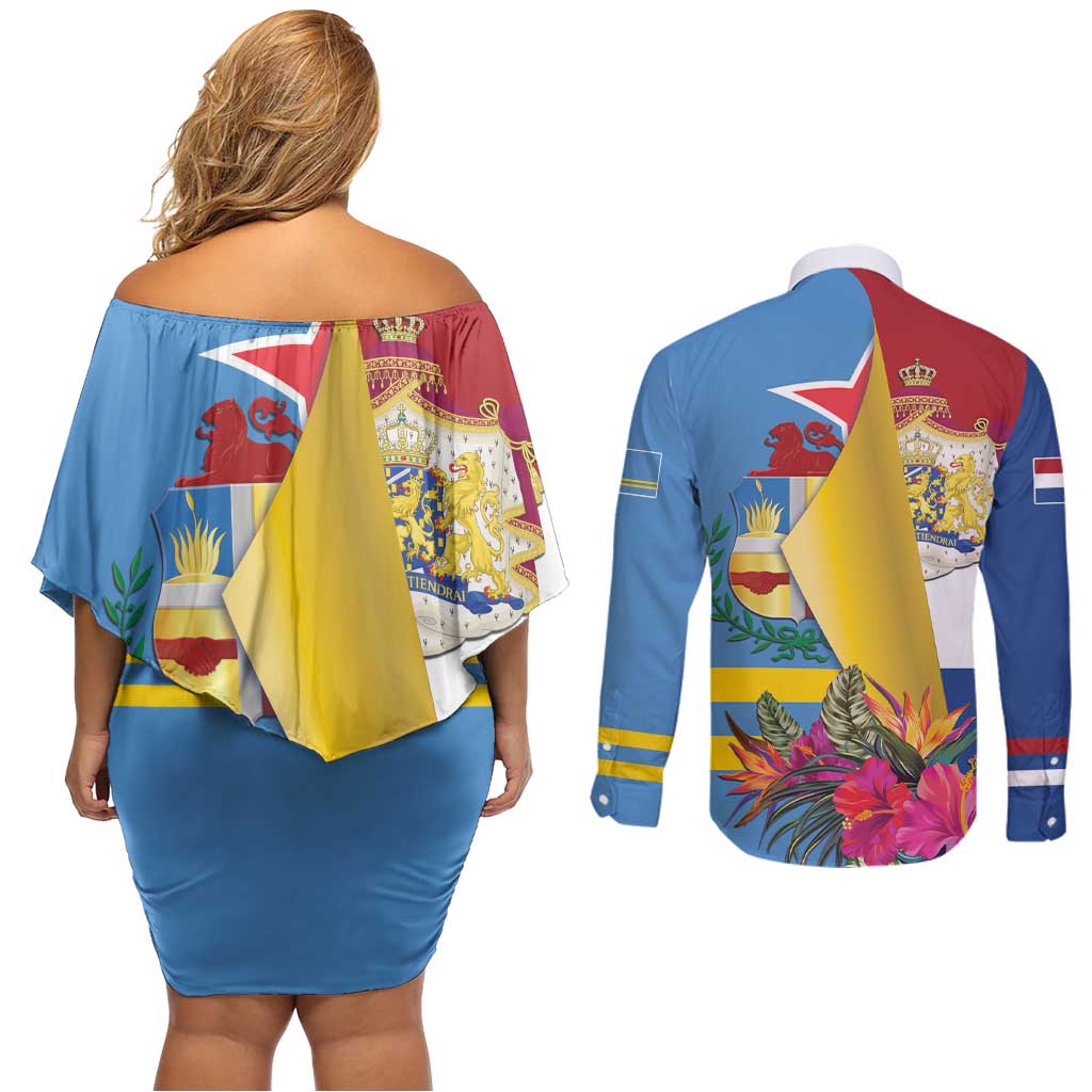 Aruba-Netherlands Couples Matching Off Shoulder Short Dress and Long Sleeve Button Shirt Tropical Unique Style