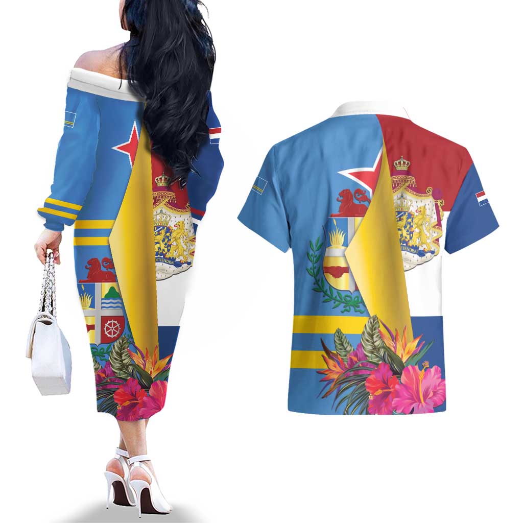 Aruba-Netherlands Couples Matching Off The Shoulder Long Sleeve Dress and Hawaiian Shirt Tropical Unique Style