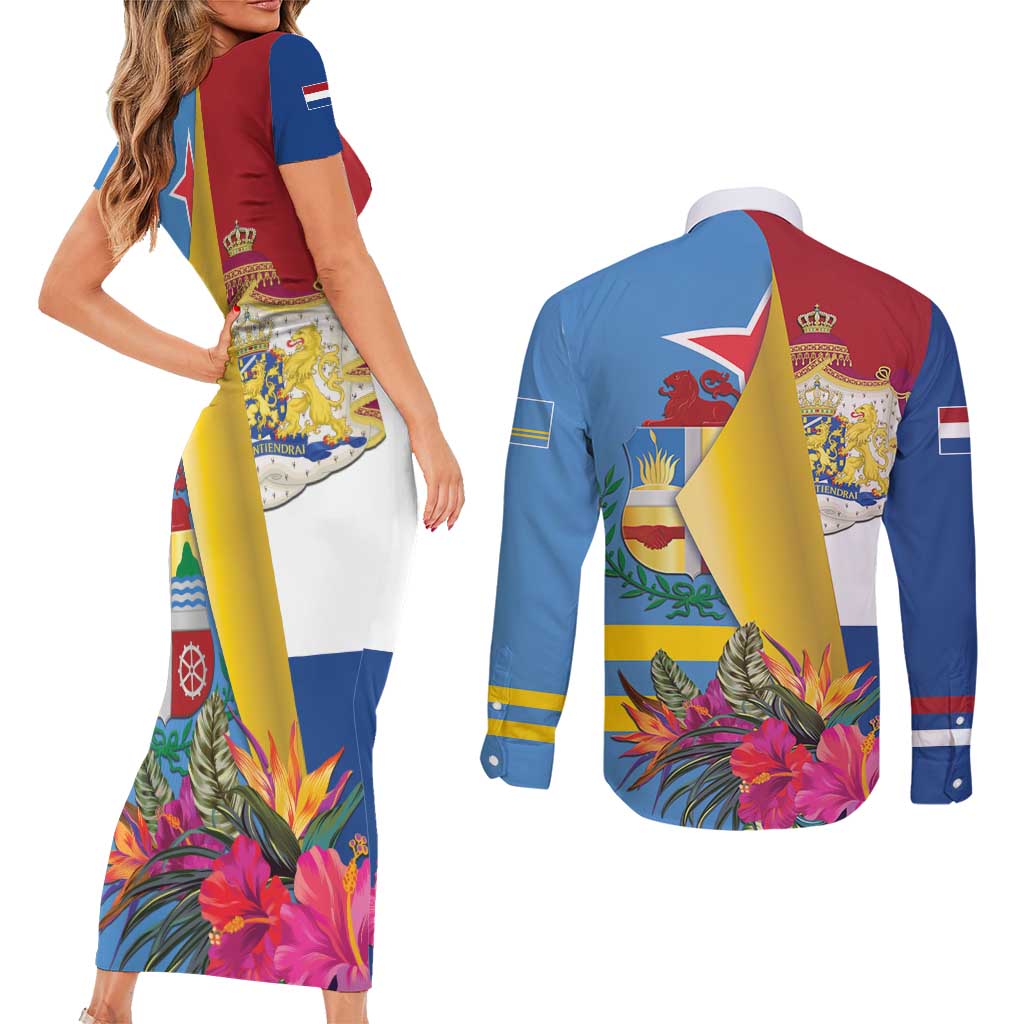 Aruba-Netherlands Couples Matching Short Sleeve Bodycon Dress and Long Sleeve Button Shirt Tropical Unique Style