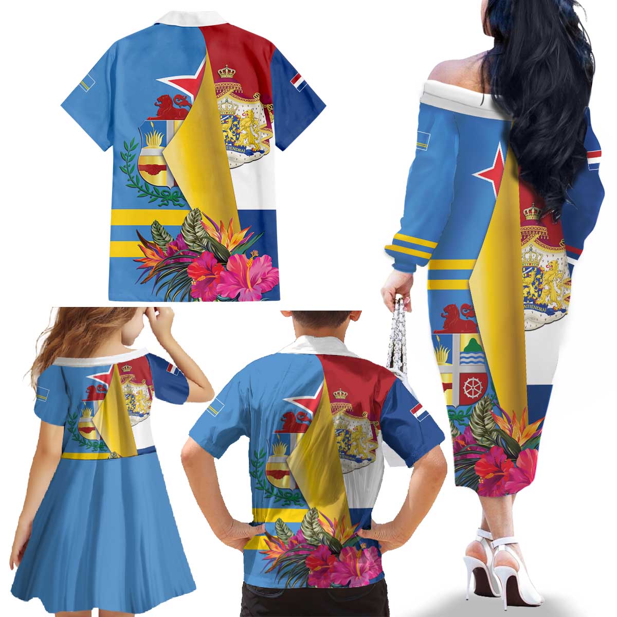 Aruba-Netherlands Family Matching Off The Shoulder Long Sleeve Dress and Hawaiian Shirt Tropical Unique Style