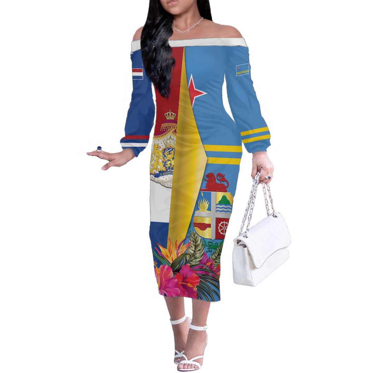 Aruba-Netherlands Family Matching Off The Shoulder Long Sleeve Dress and Hawaiian Shirt Tropical Unique Style