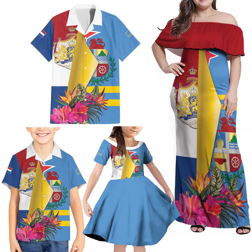 Aruba-Netherlands Family Matching Off Shoulder Maxi Dress and Hawaiian Shirt Tropical Unique Style