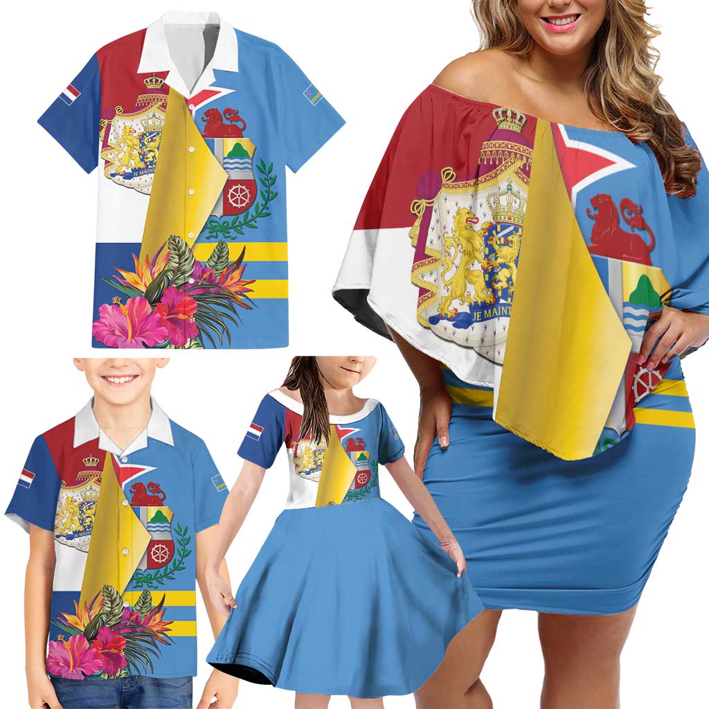 Aruba-Netherlands Family Matching Off Shoulder Short Dress and Hawaiian Shirt Tropical Unique Style
