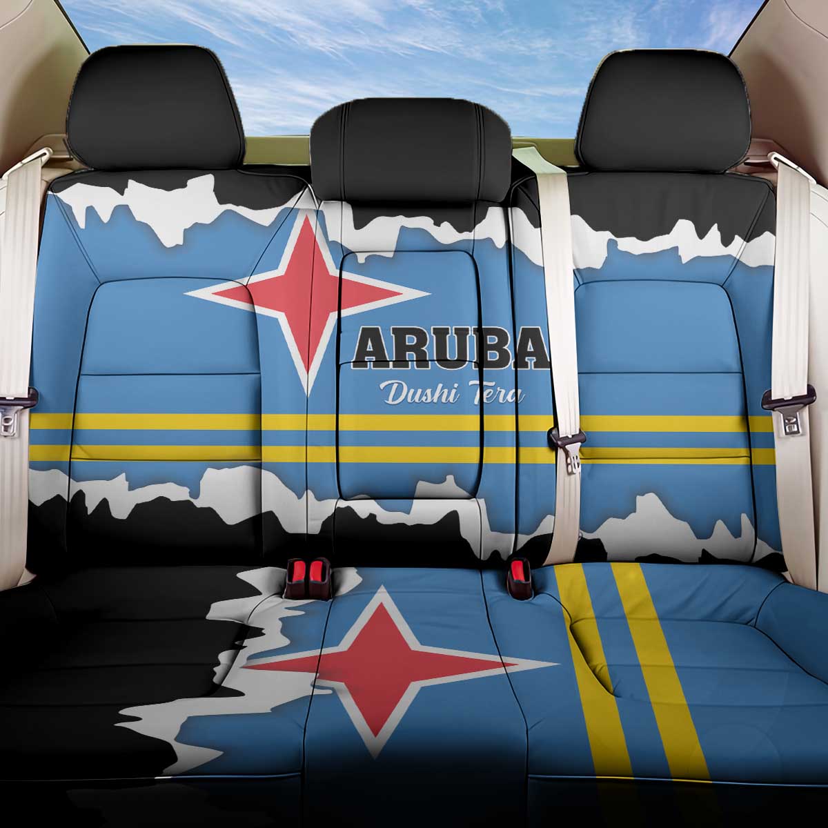 Aruba Dushi Tera Back Car Seat Cover Coat Of Arms Torn Paper Stylized