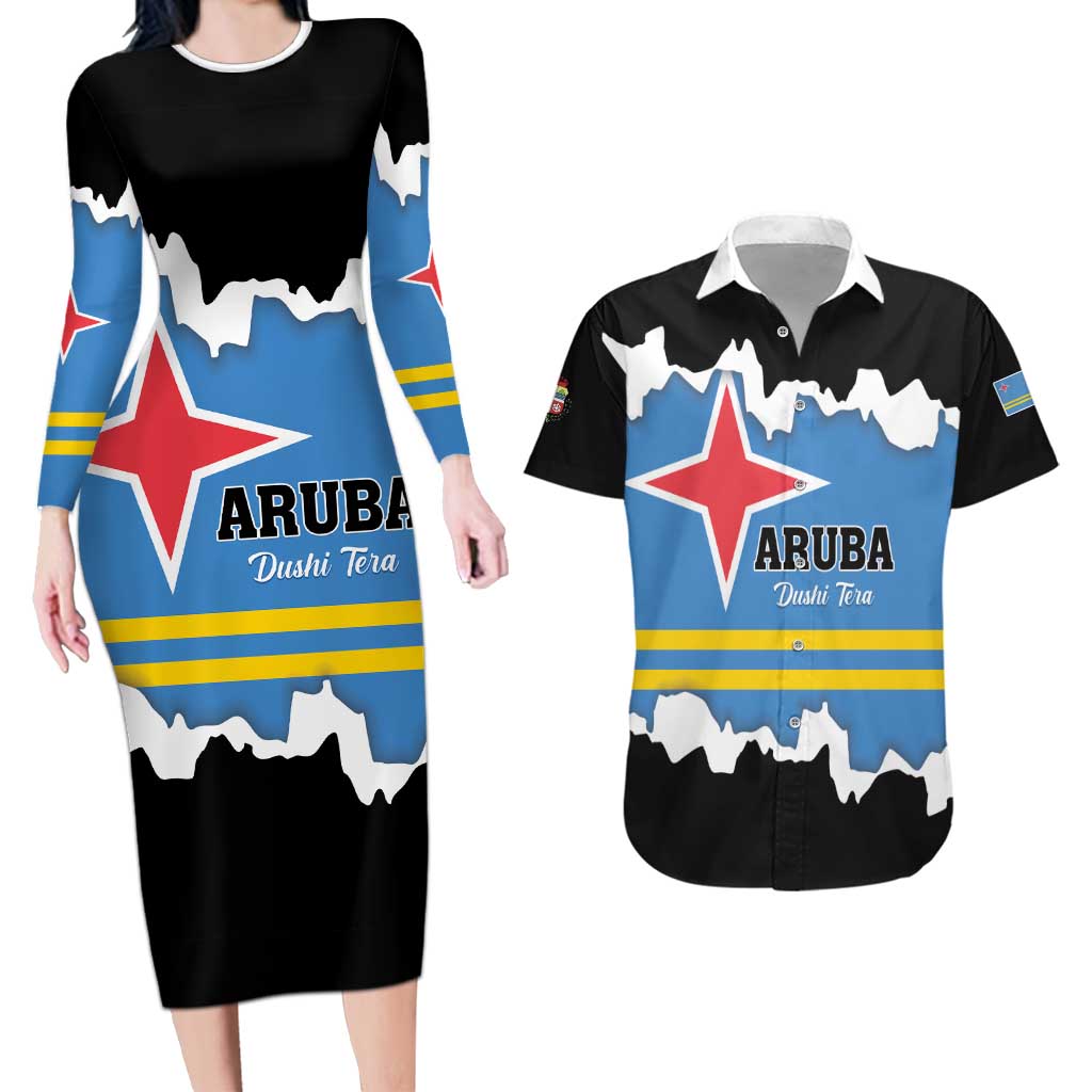 Aruba Dushi Tera Couples Matching Long Sleeve Bodycon Dress and Hawaiian Shirt Coat Of Arms Torn Paper Stylized