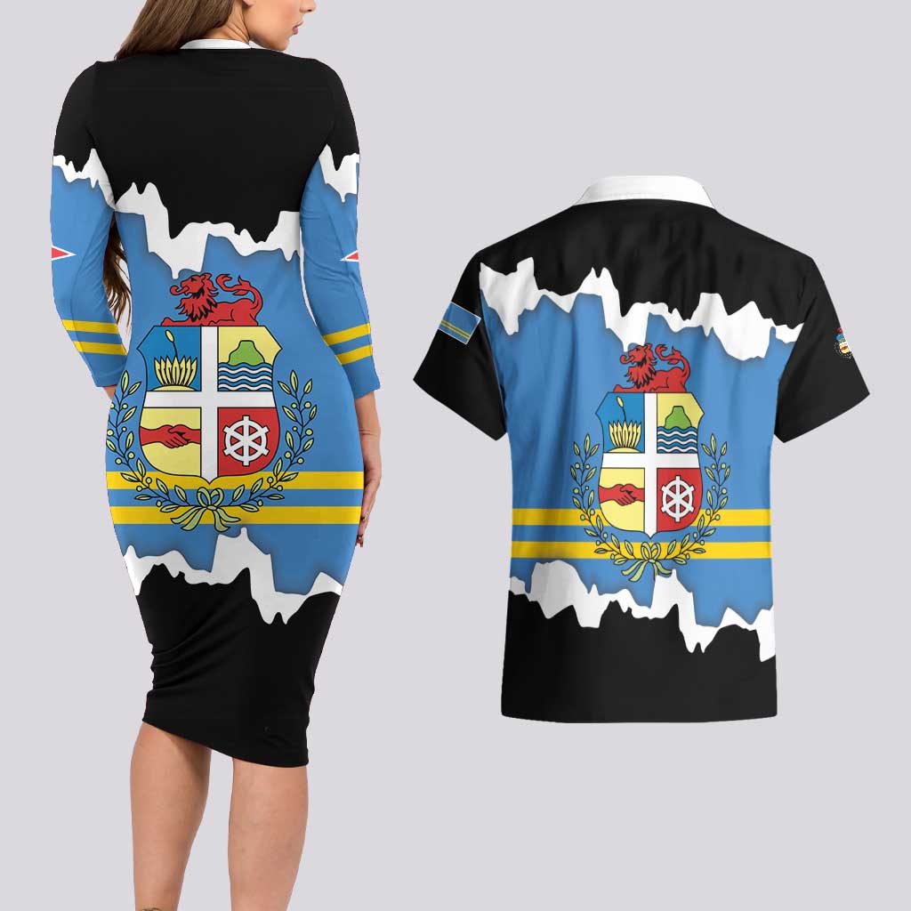 Aruba Dushi Tera Couples Matching Long Sleeve Bodycon Dress and Hawaiian Shirt Coat Of Arms Torn Paper Stylized