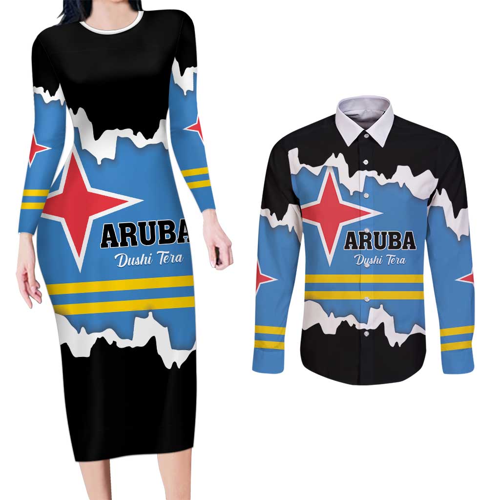 Aruba Dushi Tera Couples Matching Long Sleeve Bodycon Dress and Long Sleeve Button Shirt Coat Of Arms Torn Paper Stylized