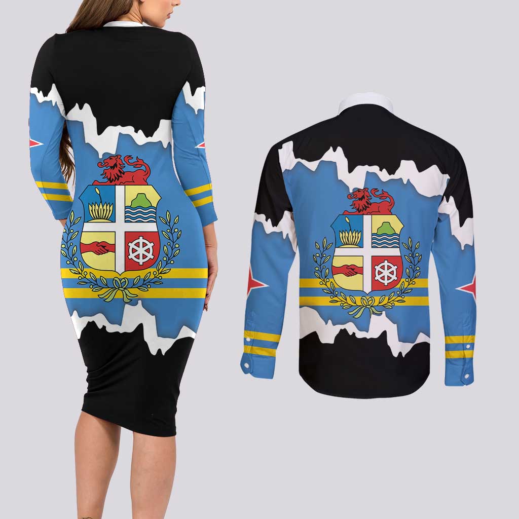 Aruba Dushi Tera Couples Matching Long Sleeve Bodycon Dress and Long Sleeve Button Shirt Coat Of Arms Torn Paper Stylized