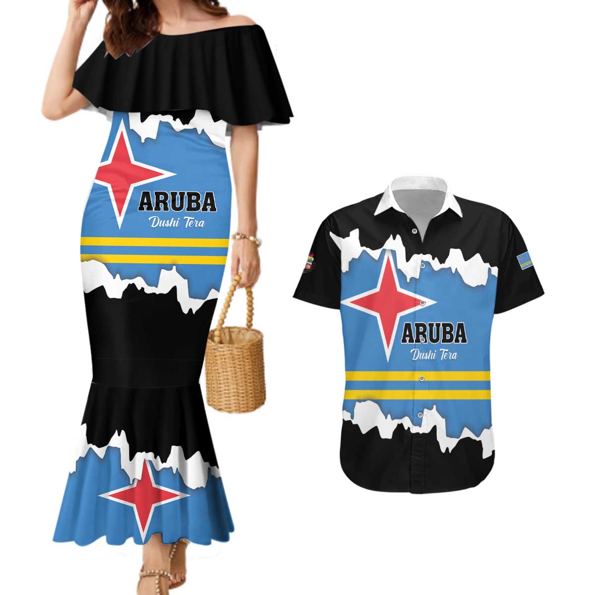 Aruba Dushi Tera Couples Matching Mermaid Dress and Hawaiian Shirt Coat Of Arms Torn Paper Stylized