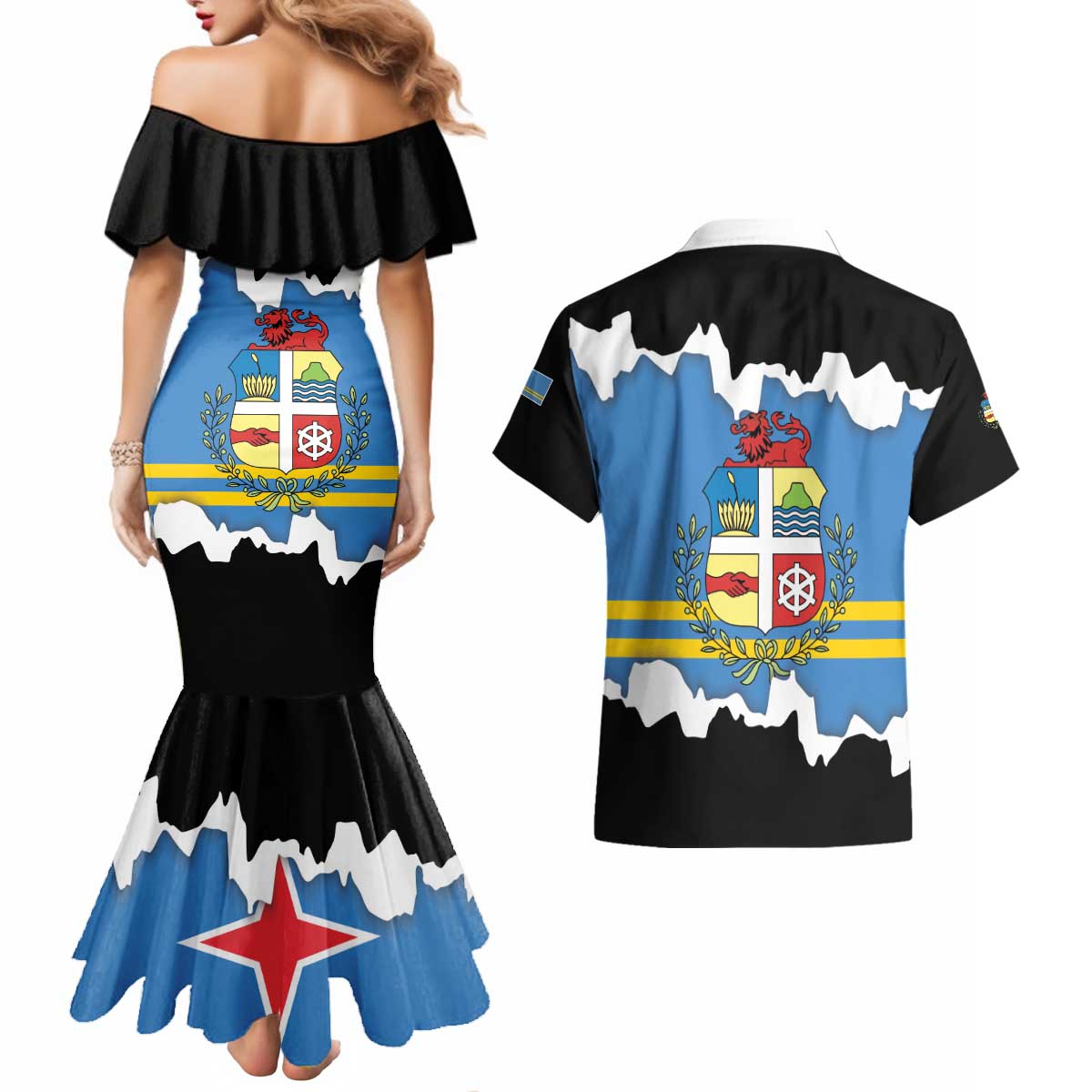 Aruba Dushi Tera Couples Matching Mermaid Dress and Hawaiian Shirt Coat Of Arms Torn Paper Stylized
