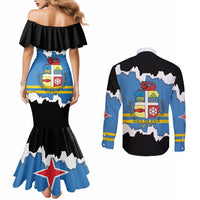 Aruba Dushi Tera Couples Matching Mermaid Dress and Long Sleeve Button Shirt Coat Of Arms Torn Paper Stylized