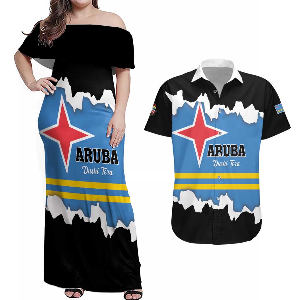 Aruba Dushi Tera Couples Matching Off Shoulder Maxi Dress and Hawaiian Shirt Coat Of Arms Torn Paper Stylized