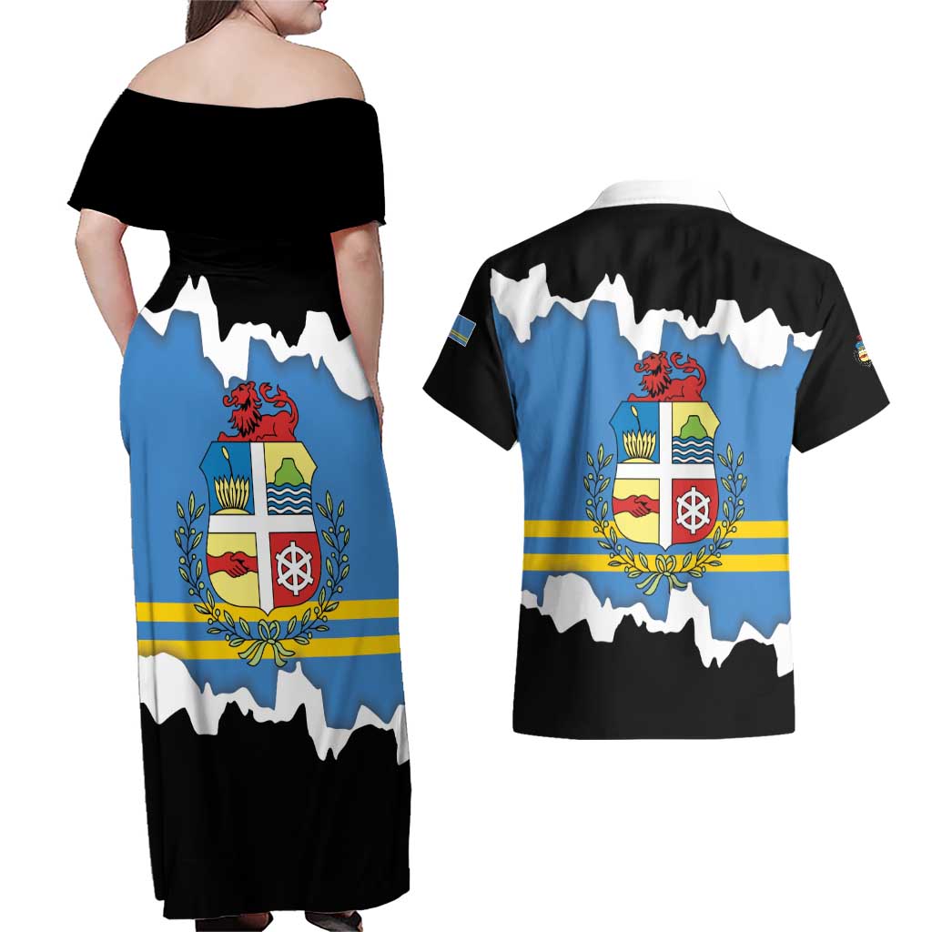 Aruba Dushi Tera Couples Matching Off Shoulder Maxi Dress and Hawaiian Shirt Coat Of Arms Torn Paper Stylized