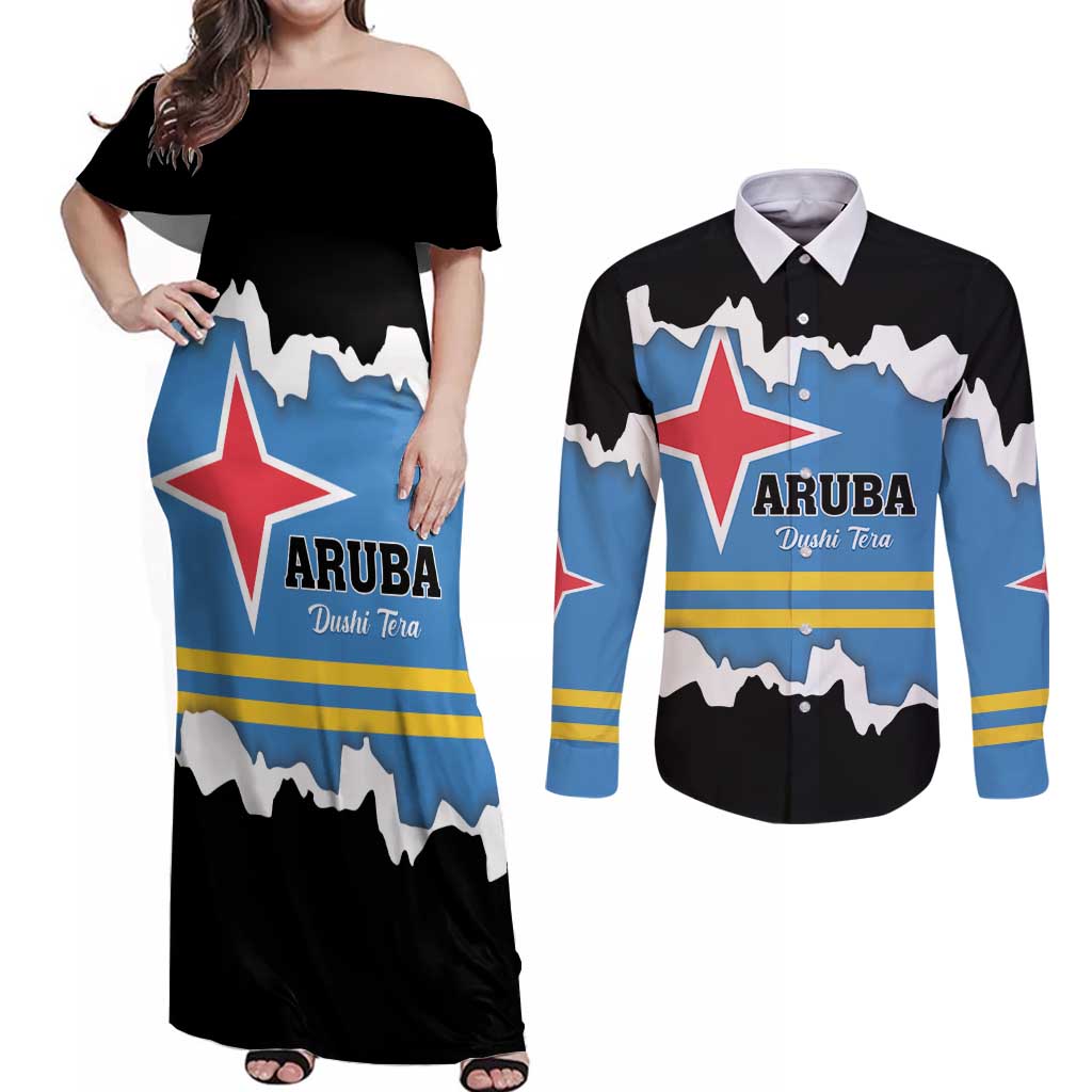 Aruba Dushi Tera Couples Matching Off Shoulder Maxi Dress and Long Sleeve Button Shirt Coat Of Arms Torn Paper Stylized