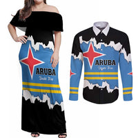 Aruba Dushi Tera Couples Matching Off Shoulder Maxi Dress and Long Sleeve Button Shirt Coat Of Arms Torn Paper Stylized