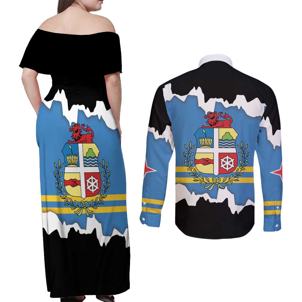 Aruba Dushi Tera Couples Matching Off Shoulder Maxi Dress and Long Sleeve Button Shirt Coat Of Arms Torn Paper Stylized