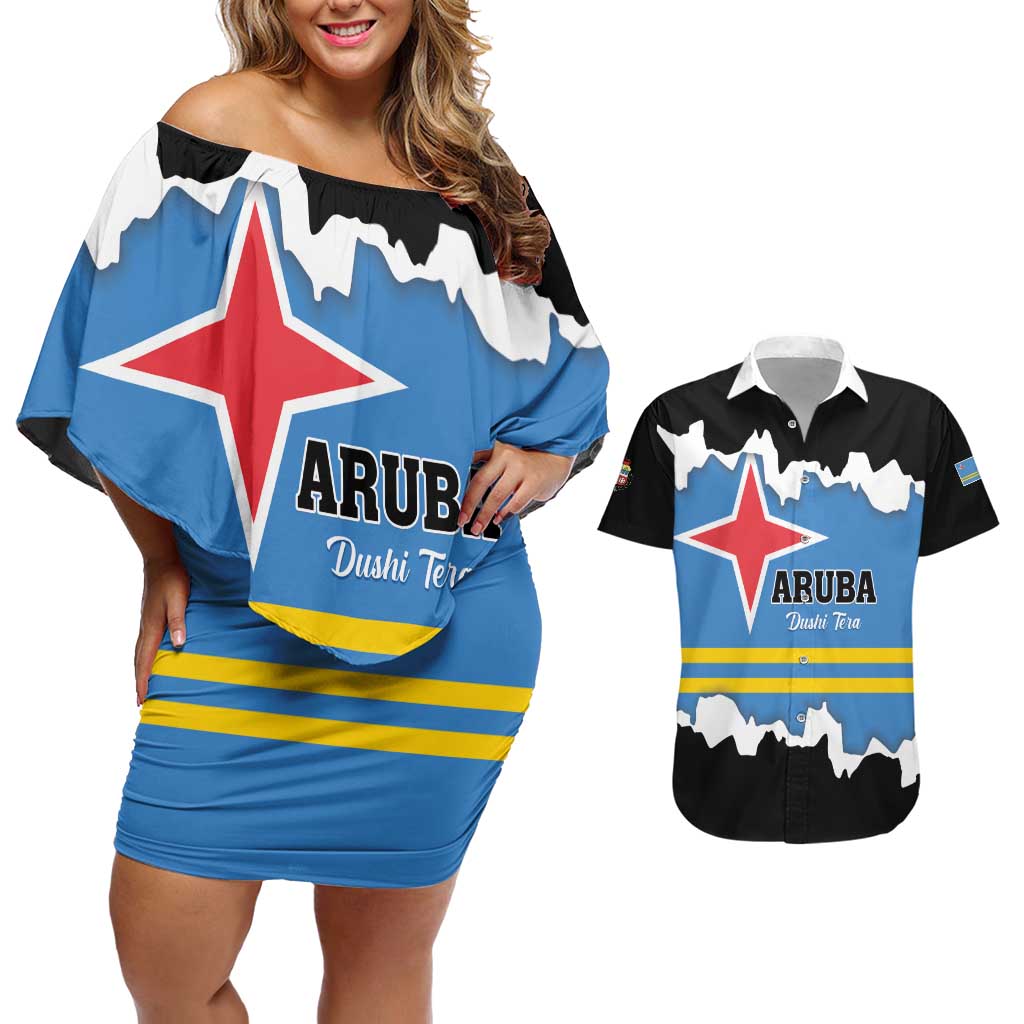 Aruba Dushi Tera Couples Matching Off Shoulder Short Dress and Hawaiian Shirt Coat Of Arms Torn Paper Stylized