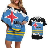 Aruba Dushi Tera Couples Matching Off Shoulder Short Dress and Hawaiian Shirt Coat Of Arms Torn Paper Stylized